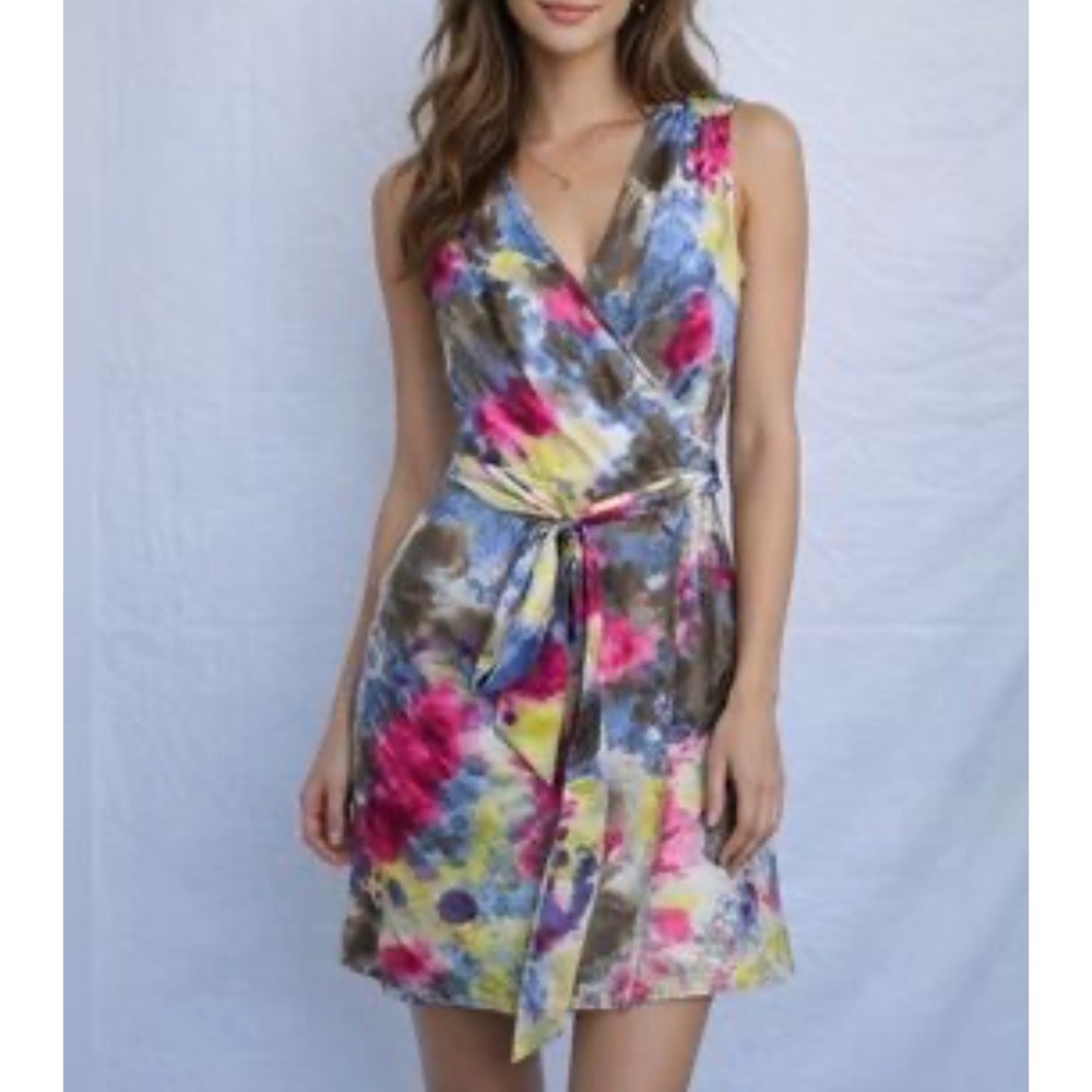 Banana Republic 100% Silk Watercolor Floral Wrap Dress Pink Blue Yellow Small
